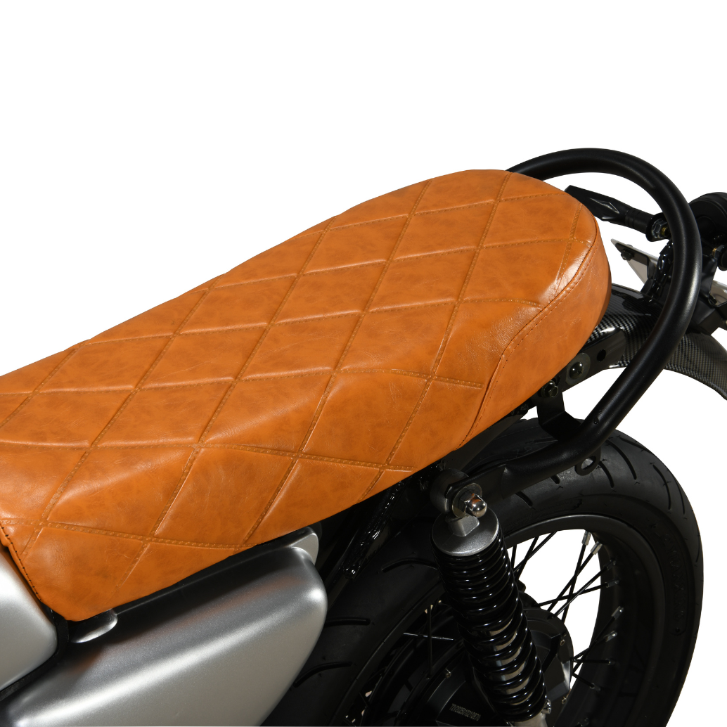 padded rider seat, passenger seat with grab handle, foot pegs for rider and passenger