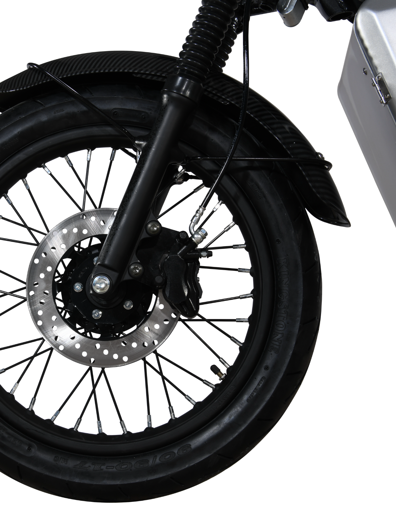tubeless tires, disc brakes front and rear, dual front fork suspension