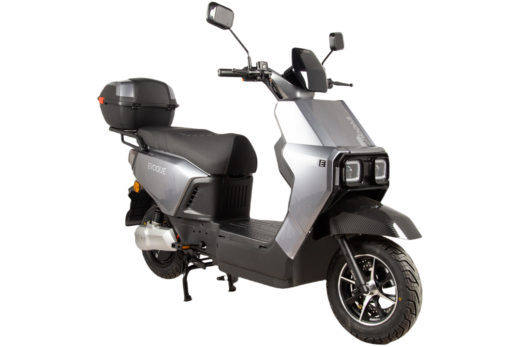 Evoque Atom, electric scooter, 60V lithium battery scooter, full LED headlight, rear taillight, front disc brakes, rear drum brakes, digital speedometer, left-right indicators, reverse gear button, push start ignition, side stand, center stand, front suspension, rear dual shock absorbers, tubeless tires, alloy wheels, footrest, under-seat storage, USB charging port, comfortable seat, aerodynamic body design, handlebar controls, horn switch, brake levers, mirrors, compact frame, urban commuter scooter