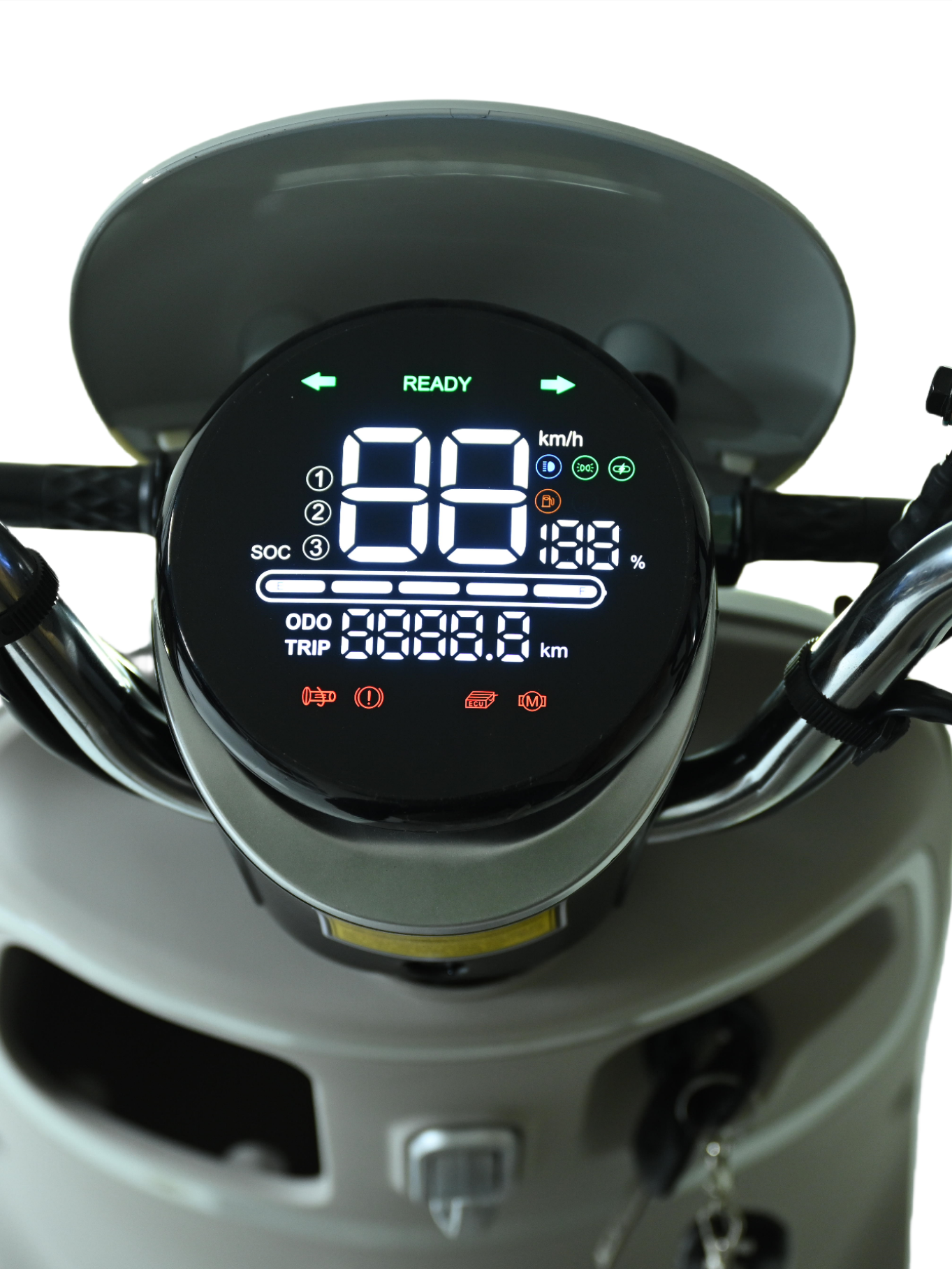 igital speedometer, left-right turn indicators, stylish rear tail light, integrated horn, handlebar controls close-up,