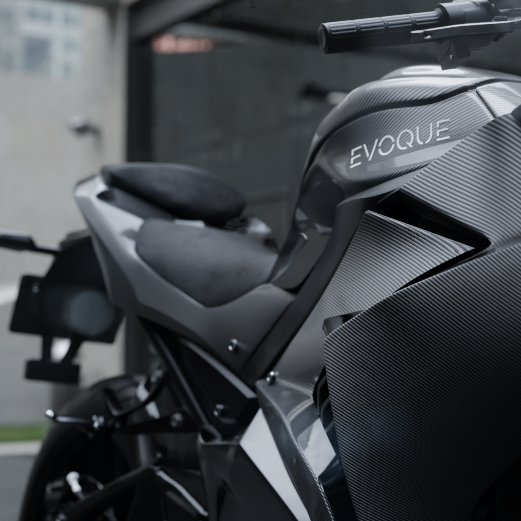 Evoque Streetster parked on road, urban cafe racer e-bike, minimalist electric motorcycle styling