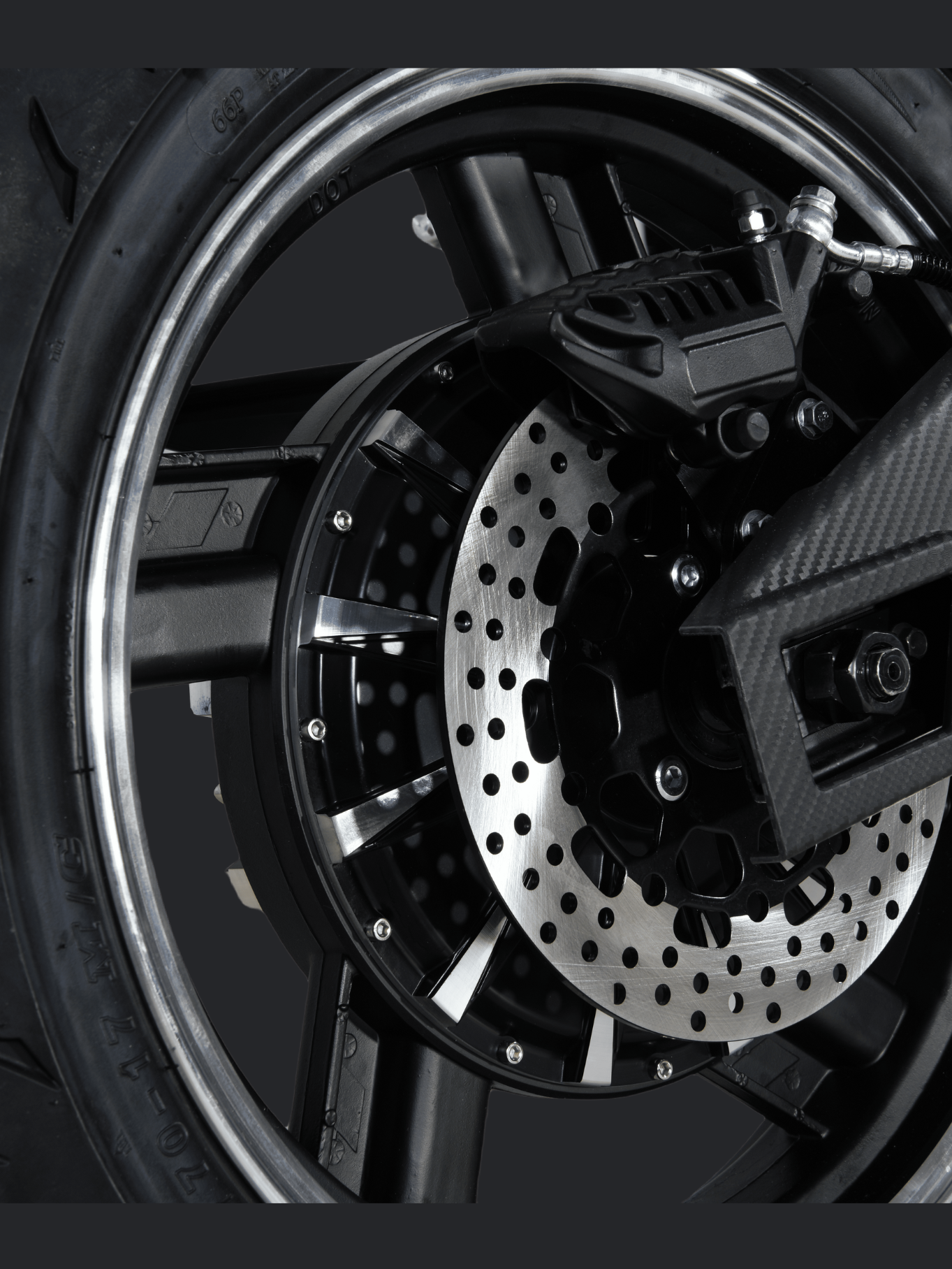 alloy wheels, tubeless performance tires, front disc brake, rear disc brake, dual rear shock absorbers, front suspension forks