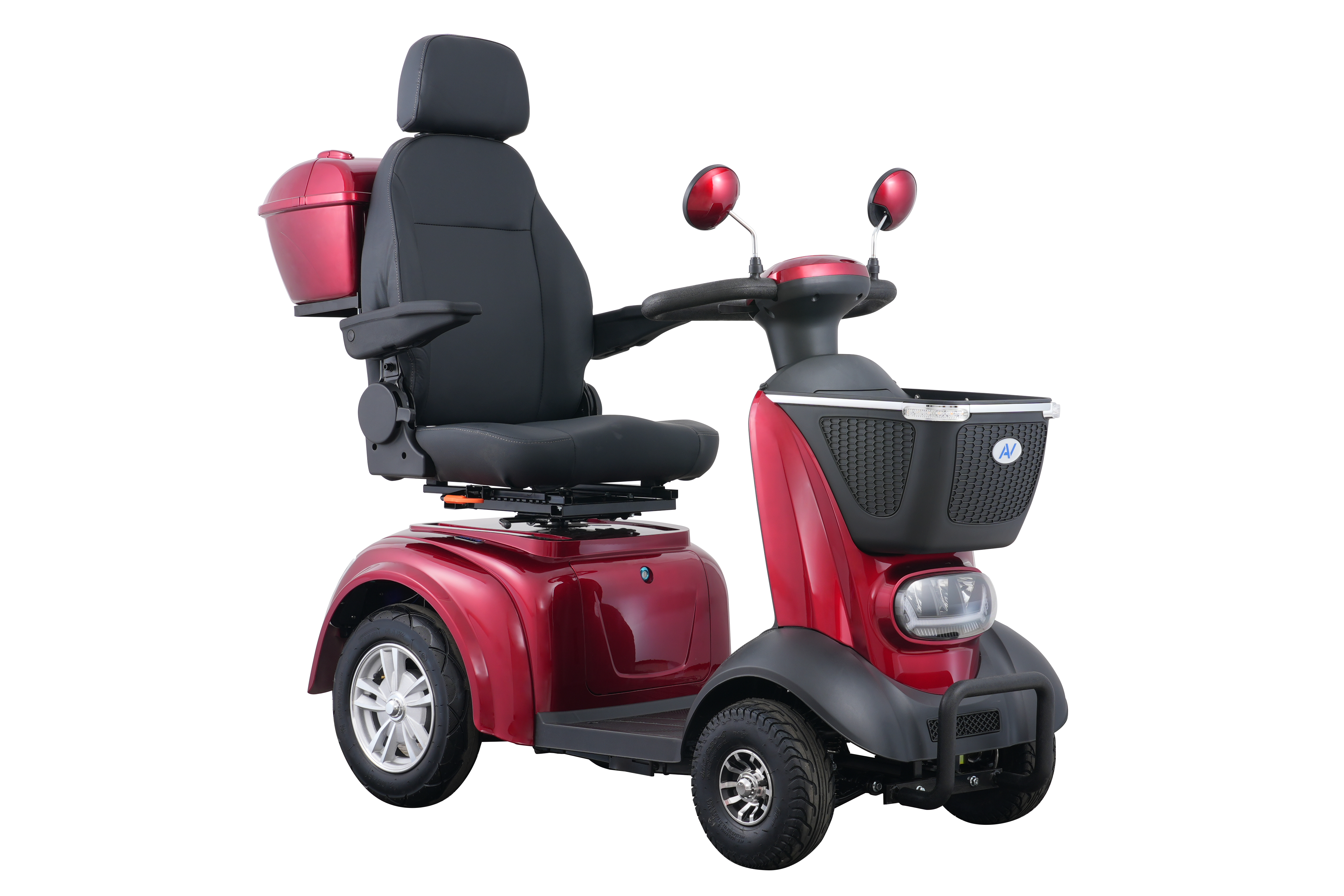 Side view of the Avantis Traveller mobility scooter showing high ground clearance and robust frame.