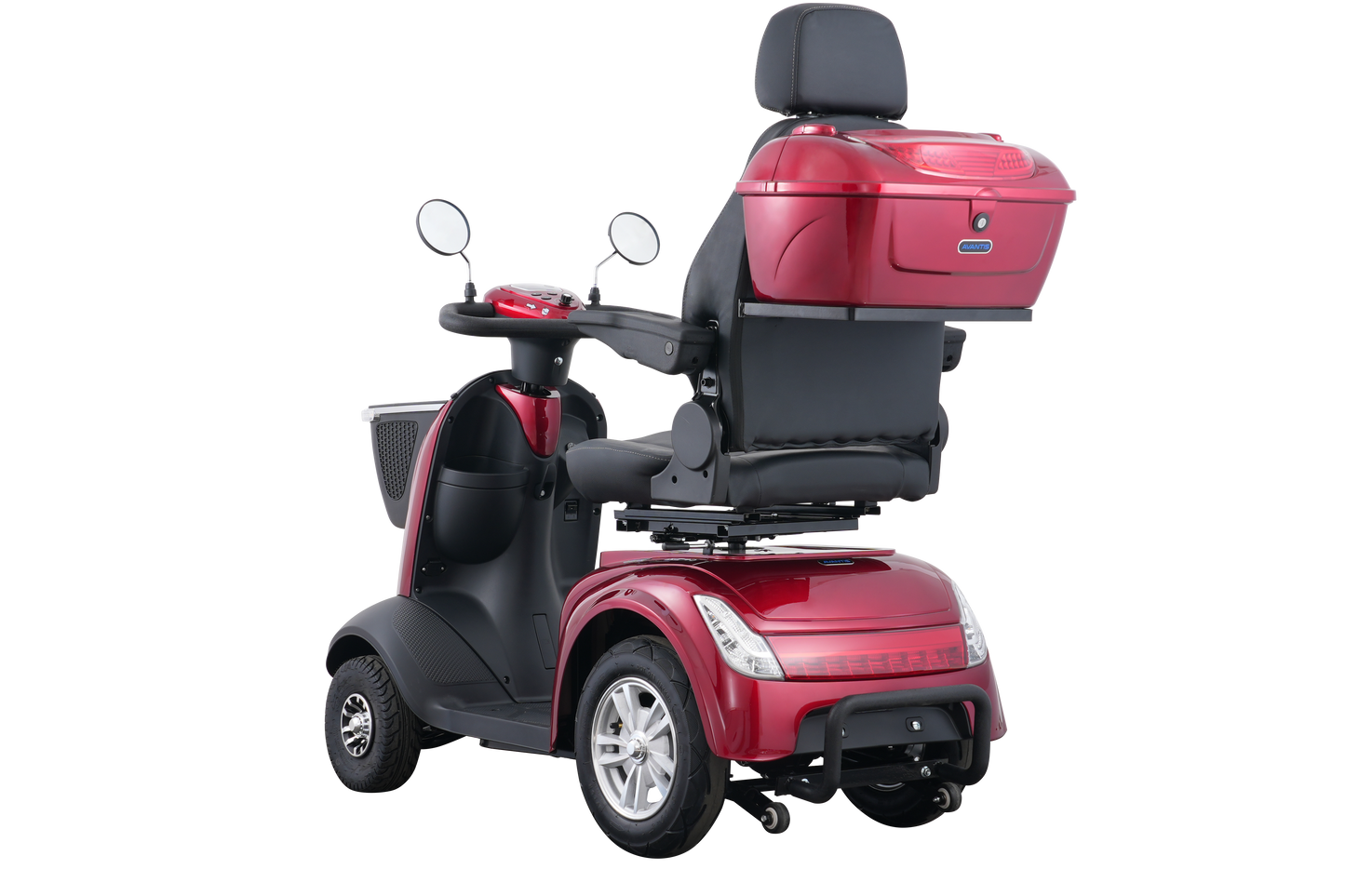 Complete Avantis Traveller mobility scooter with mirrors, basket, and adjustable captain's seat.