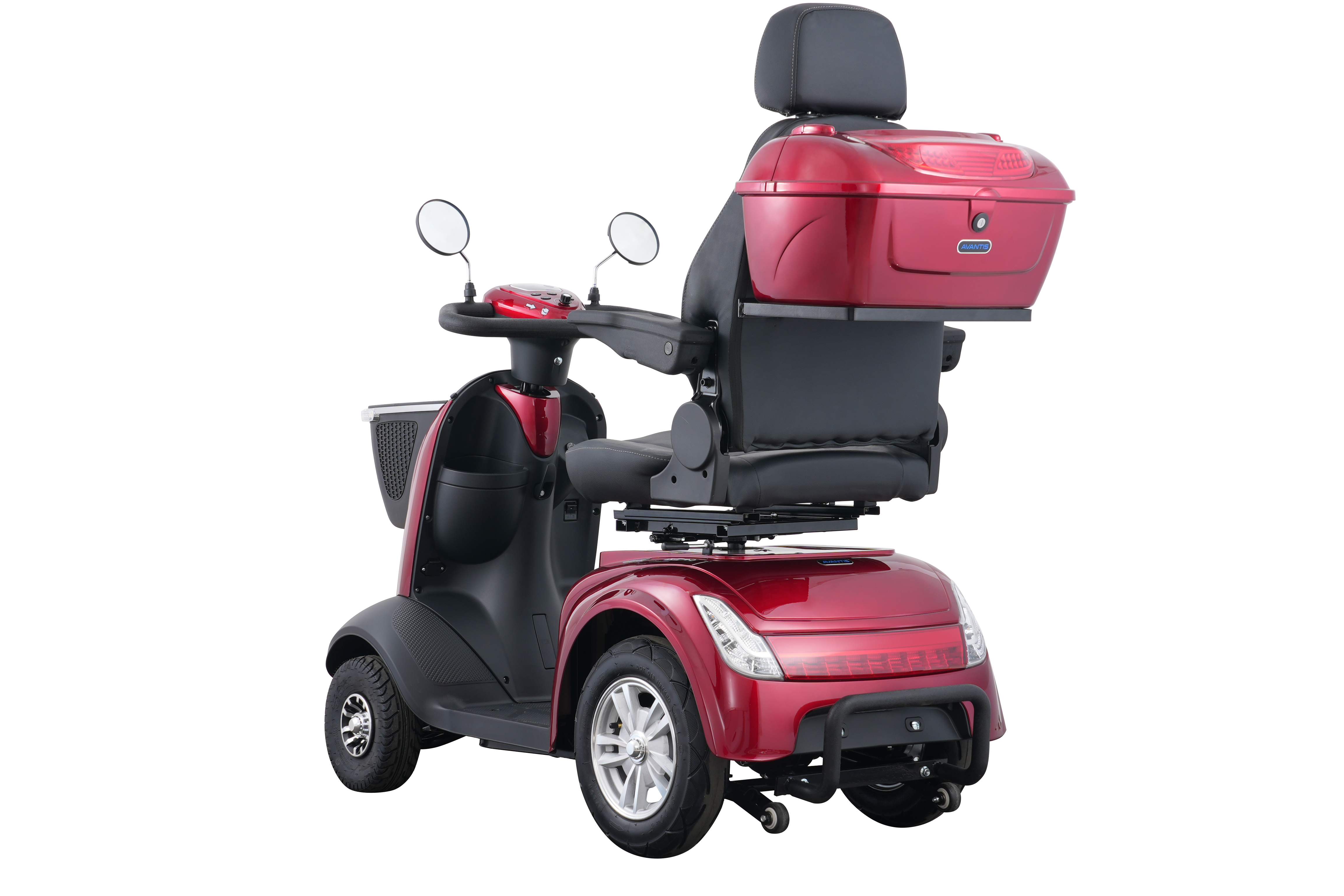 Complete Avantis Traveller mobility scooter with mirrors, basket, and adjustable captain's seat.