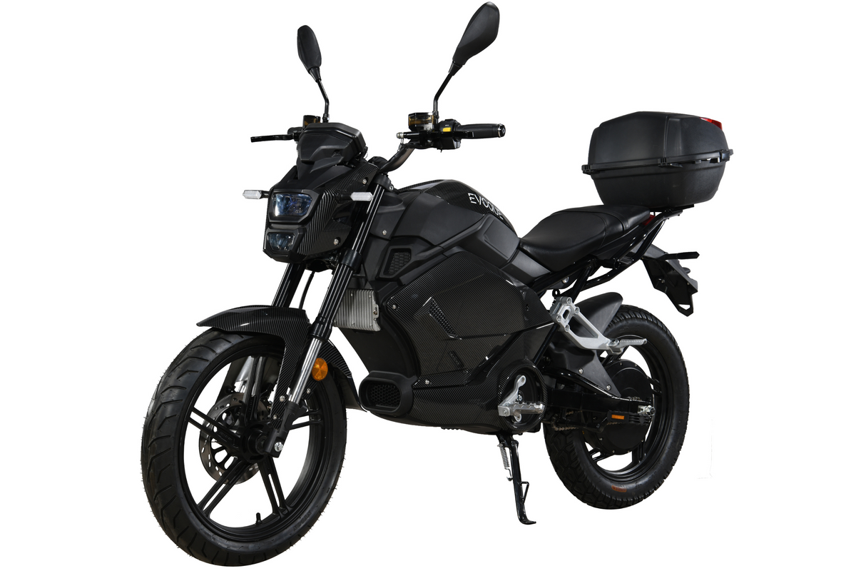 Evoque E-Tron Plus, motorcycle-style e-bike, 72V electric bike, powerful hub motor, dual front shock absorbers, rear dual suspension, alloy wheels, tubeless tires, full LED headlight, integrated turn signals, digital speedometer, handlebar controls, rearview mirrors, side indicators, front disc brakes, rear disc brakes, ergonomic seat, passenger foot pegs, grab rail, rear tail light, push start system, key ignition, charging port, battery compartment, aggressive front fairing, aerodynamic body panels, side 
