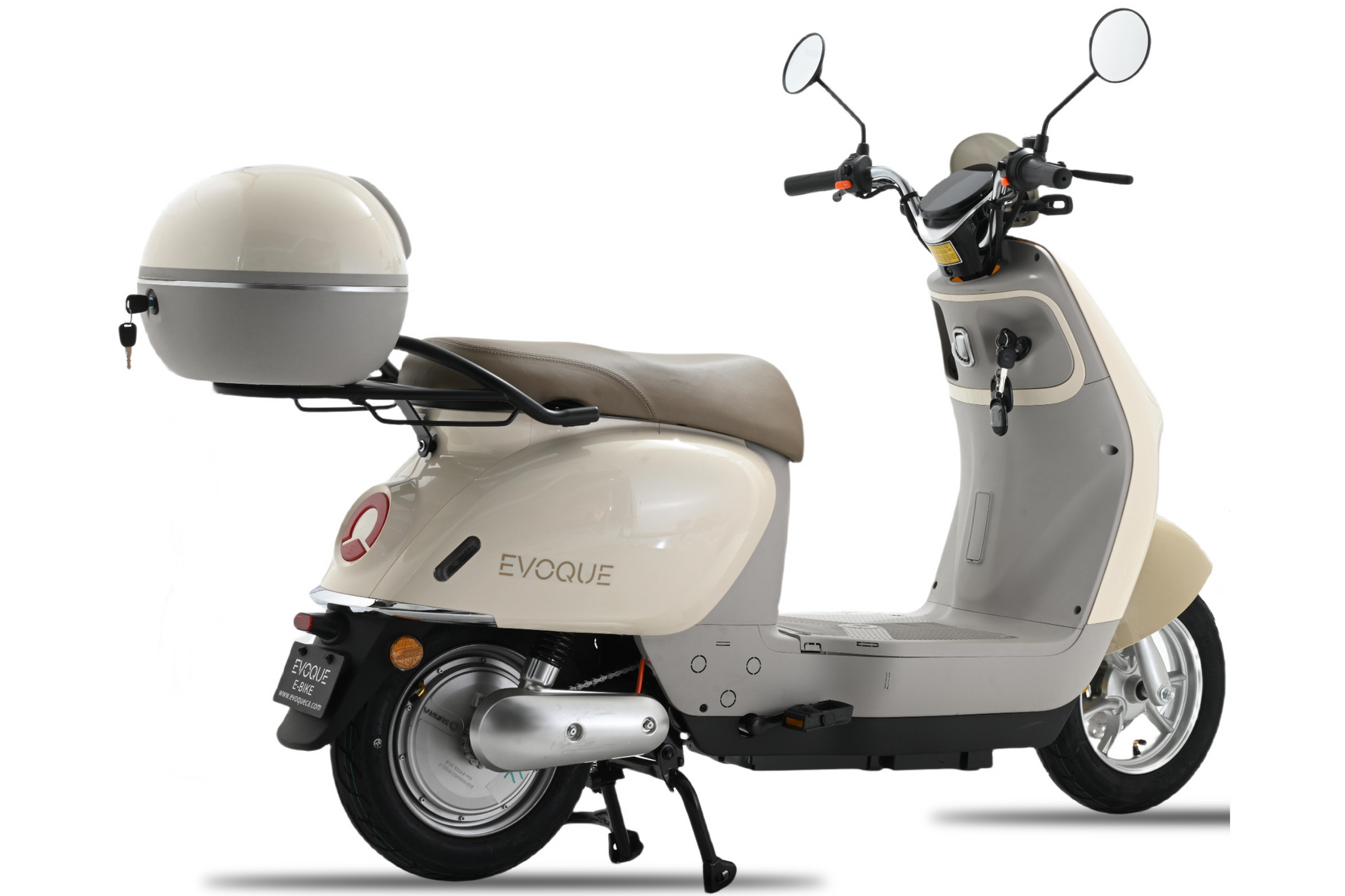 Evoque Gem, compact electric scooter, 60V lithium battery scooter, scooter with front basket, large front LED headlight, front disc brake system, rear drum brake, side view of Evoque Gem, rear view electric scooter, front view Evoque Gem, ergonomic seat design